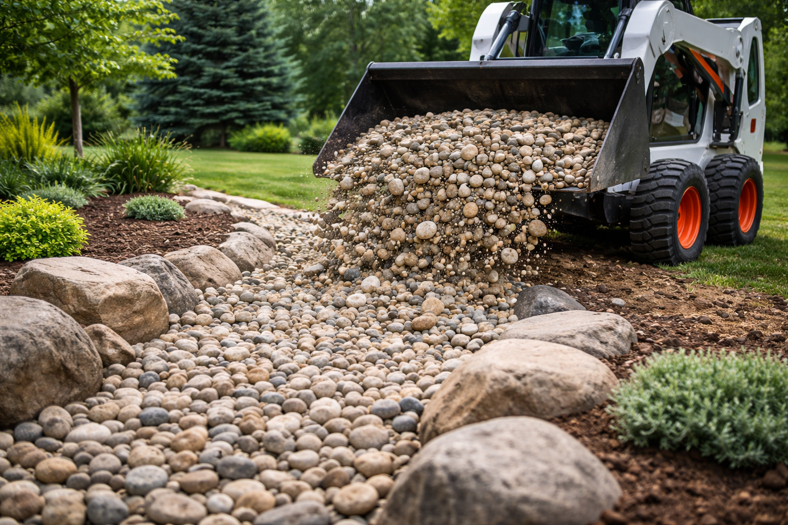 Landscape rock installation with skid steer